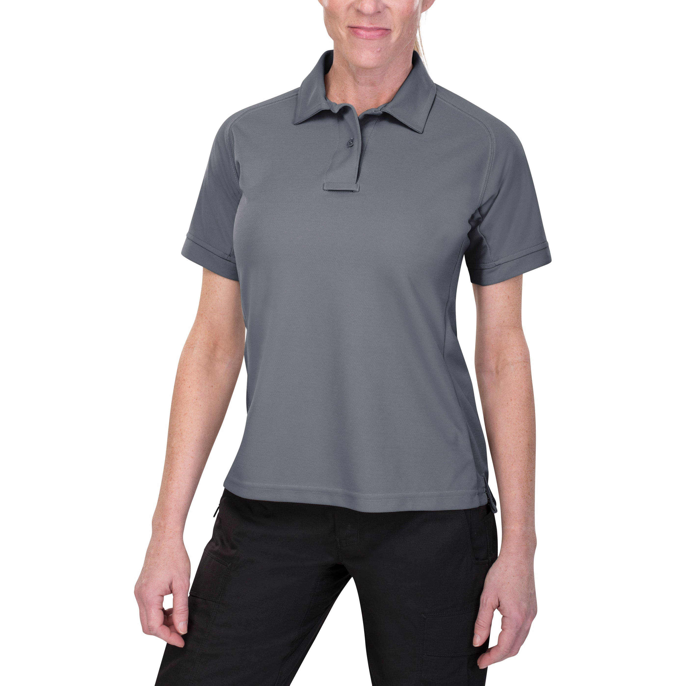 Product shot of a grey women's short-sleeved polo shirt with a subtle texture and dark button placket against a white background showing the shirt's form and fit