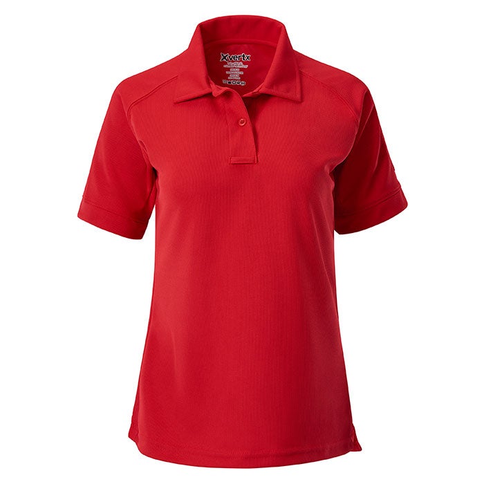 Product shot of a red Xvertx women's short-sleeve polo shirt featuring a three-button placket and set-in sleeves showcasing a vibrant color and comfortable fabric