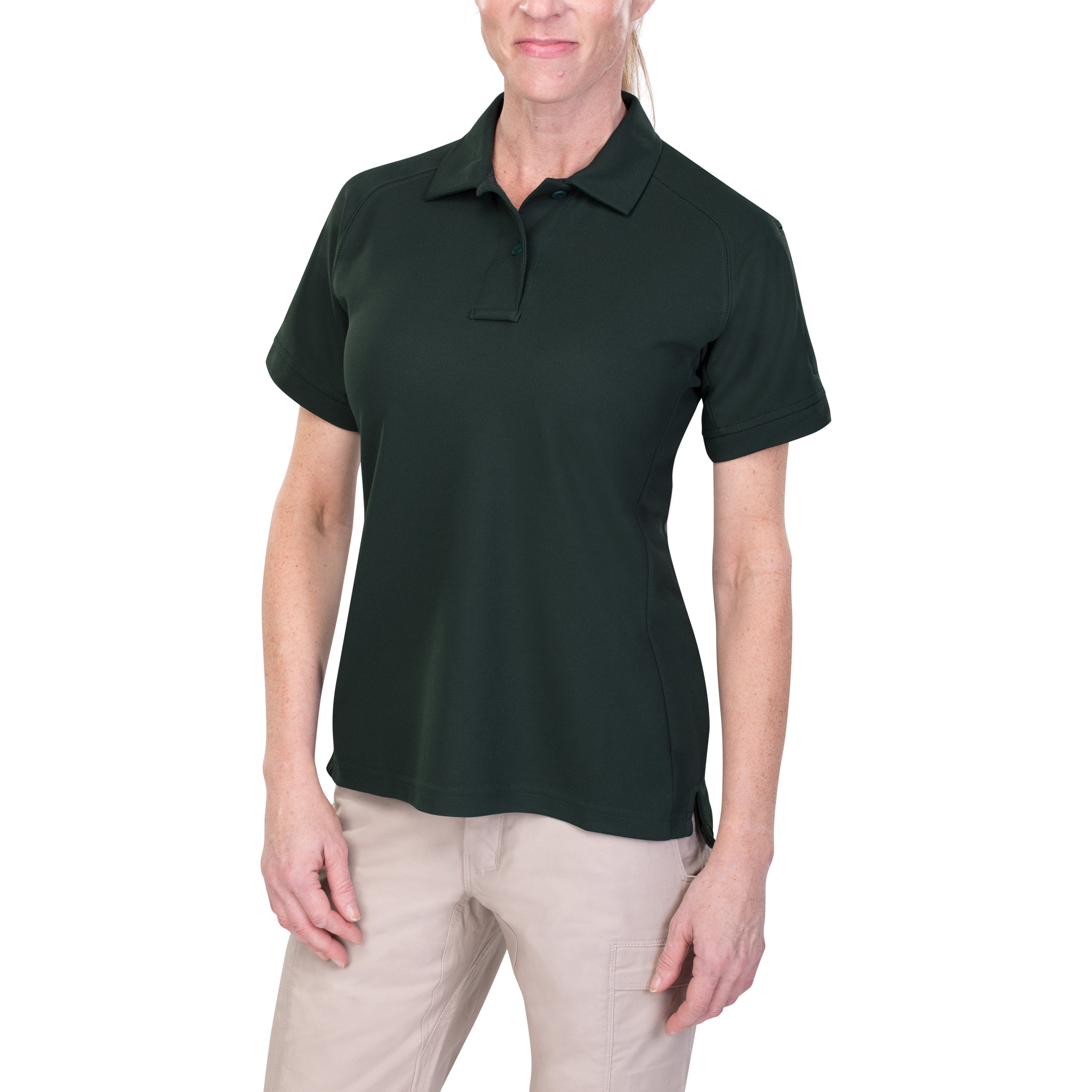 Product shot showing a woman wearing a dark-green, short-sleeved polo shirt with beige cargo pants, featuring a three-button placket and side vents.