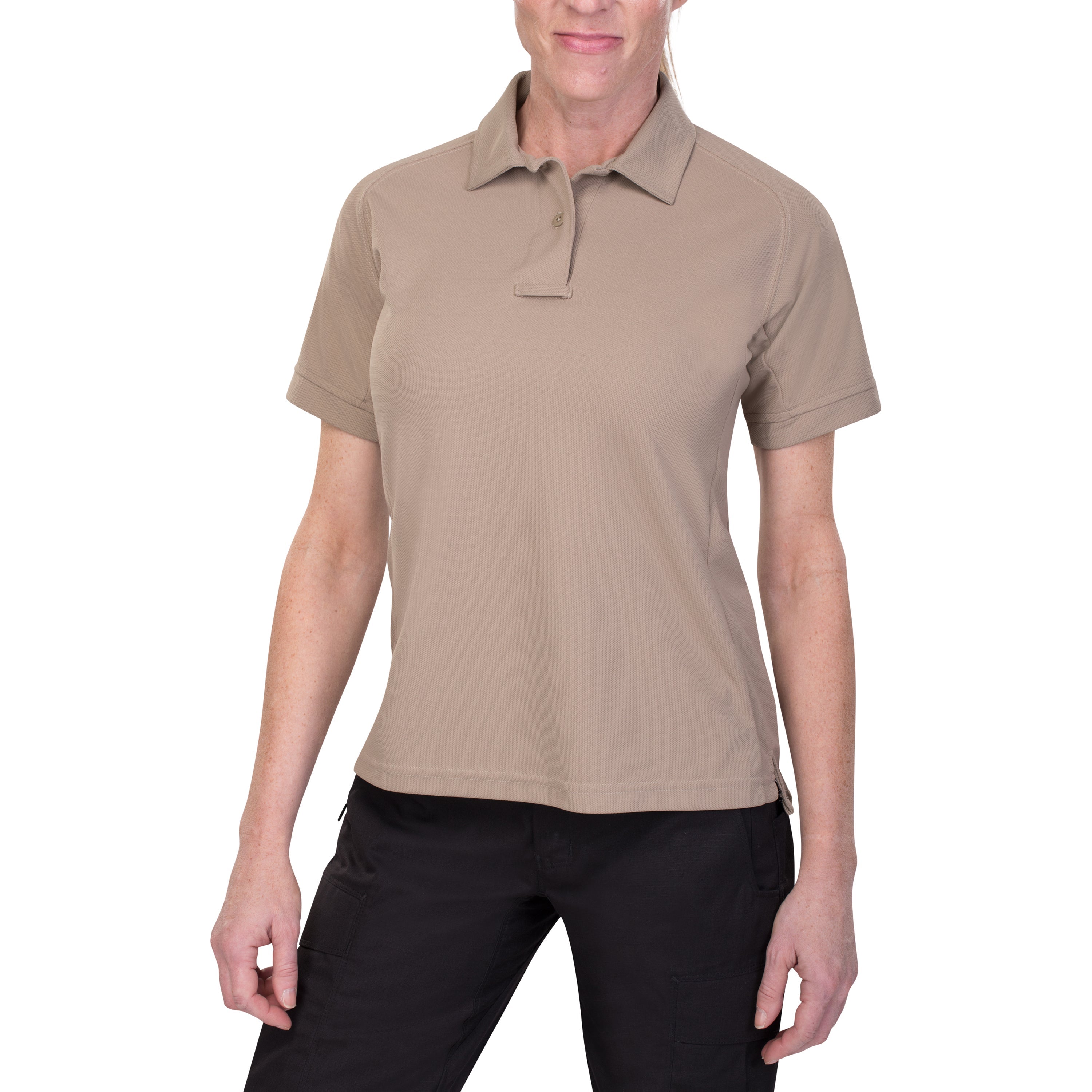 Product shot of a tan women's short-sleeve polo shirt with a subtle texture and dark stitching on the cuffs against a white background showing a model wearing the shirt and black pants