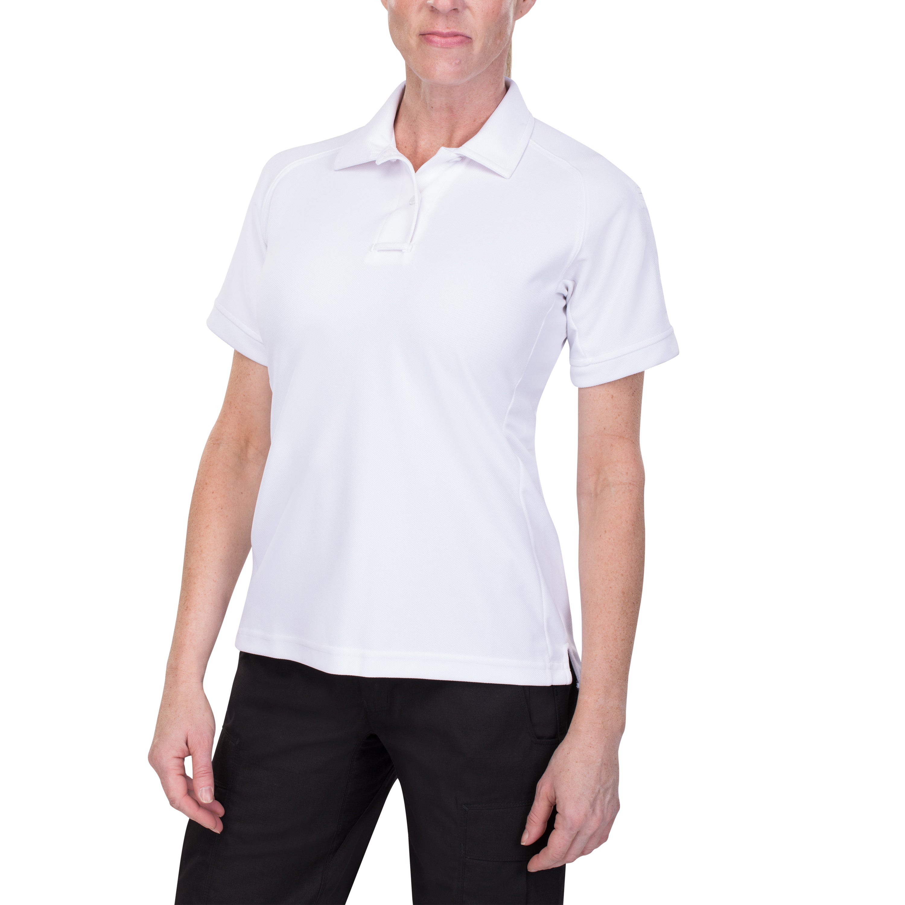 Product shot of a woman wearing a white, short-sleeved polo shirt and black cargo pants against a white background showcasing the shirt's fabric texture and the pants' pockets