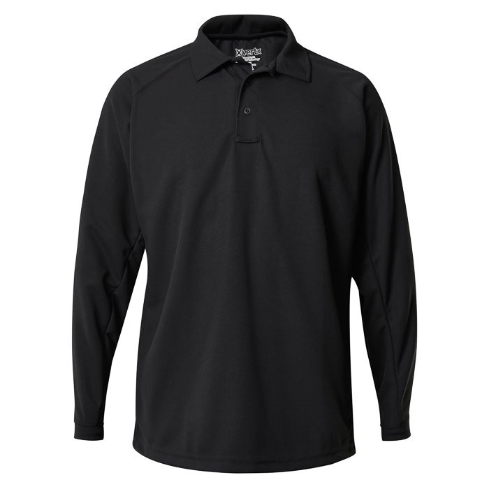 Product shot of a black XtraTuff long-sleeve polo shirt featuring a three-button placket and reinforced elbows against a white background