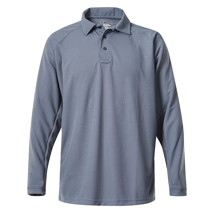 Product shot of a blue XVERTEX long-sleeve performance polo shirt featuring a three-button placket and slightly curved hemline showcasing the brand's logo