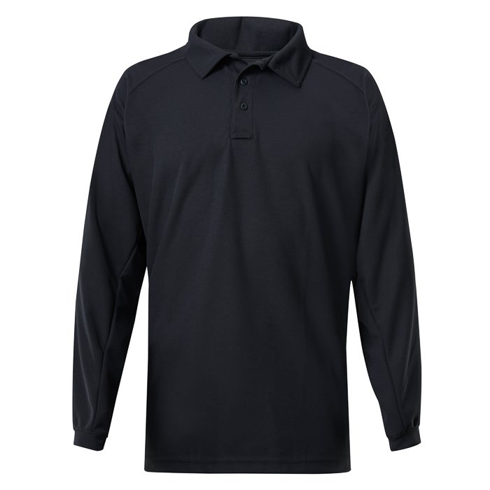 Product shot of a dark navy long sleeve polo shirt with a three button placket and slightly fitted sleeves