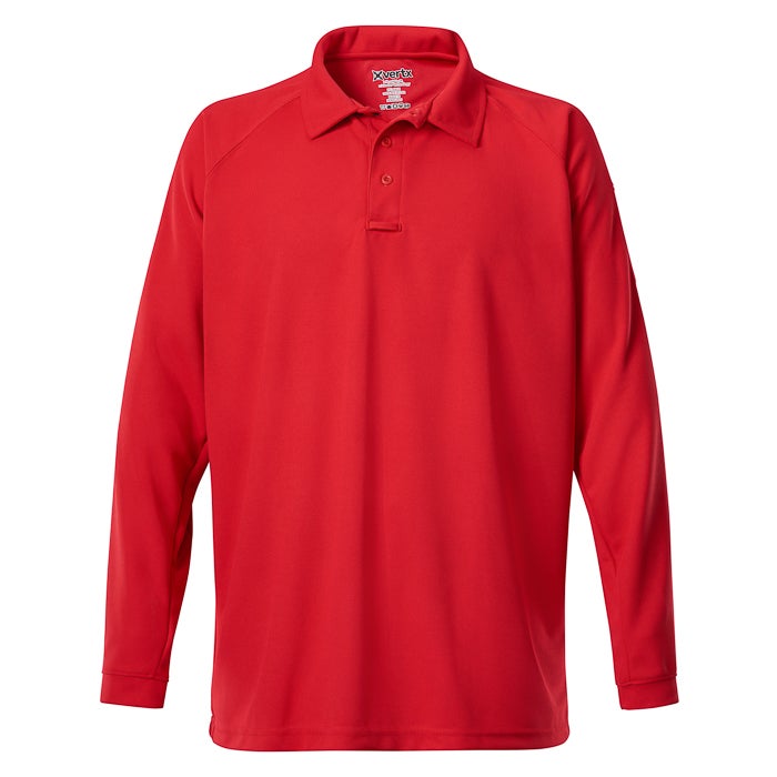 Product shot of a red Xterra long-sleeve polo shirt featuring a three-button placket and set-in sleeves against a white background