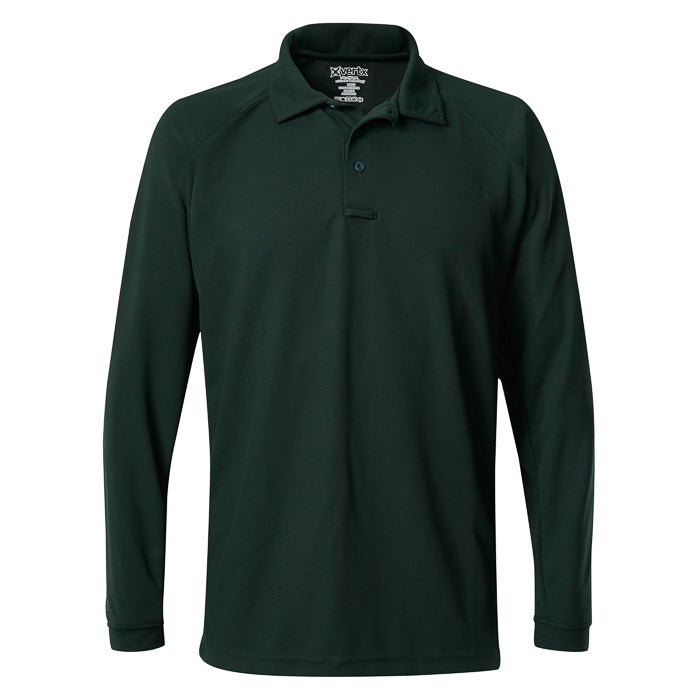 Product shot of a dark green Vertex long-sleeve polo shirt featuring a three-button placket and a subtle textured fabric