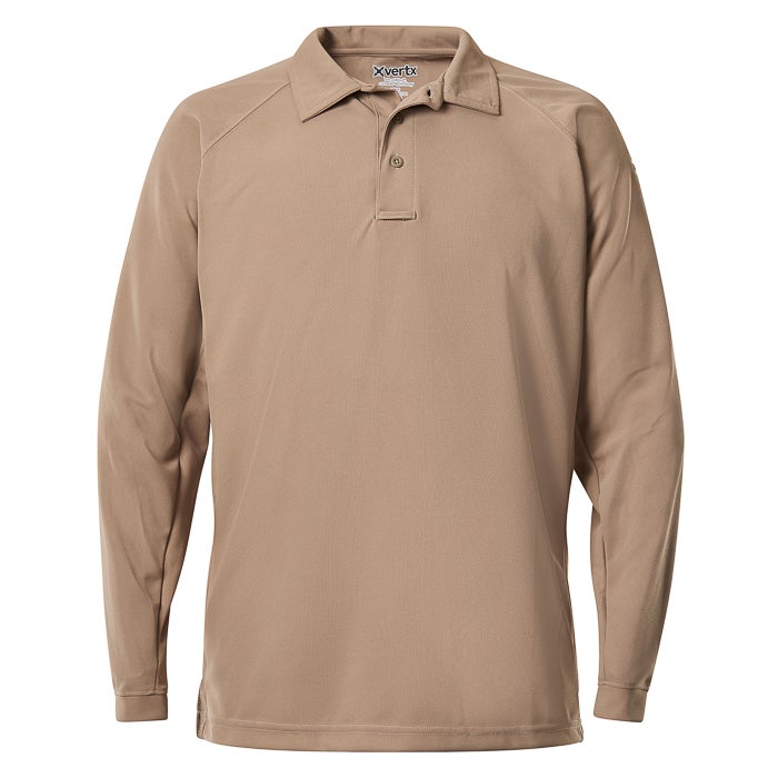 Product shot of a tan XVertx long-sleeve polo shirt featuring a three-button placket and reinforced shoulders showcasing its durable and comfortable design