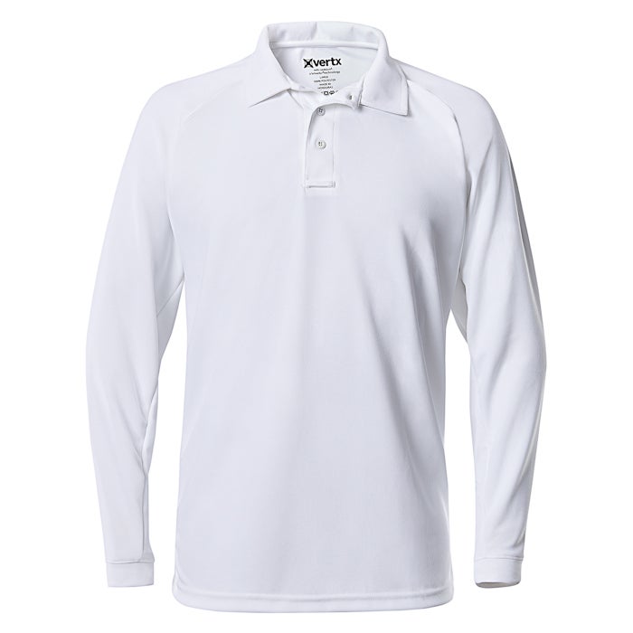 Product shot of a white Xvertx long-sleeve polo shirt showing its smooth texture, three-button placket, and raglan sleeves