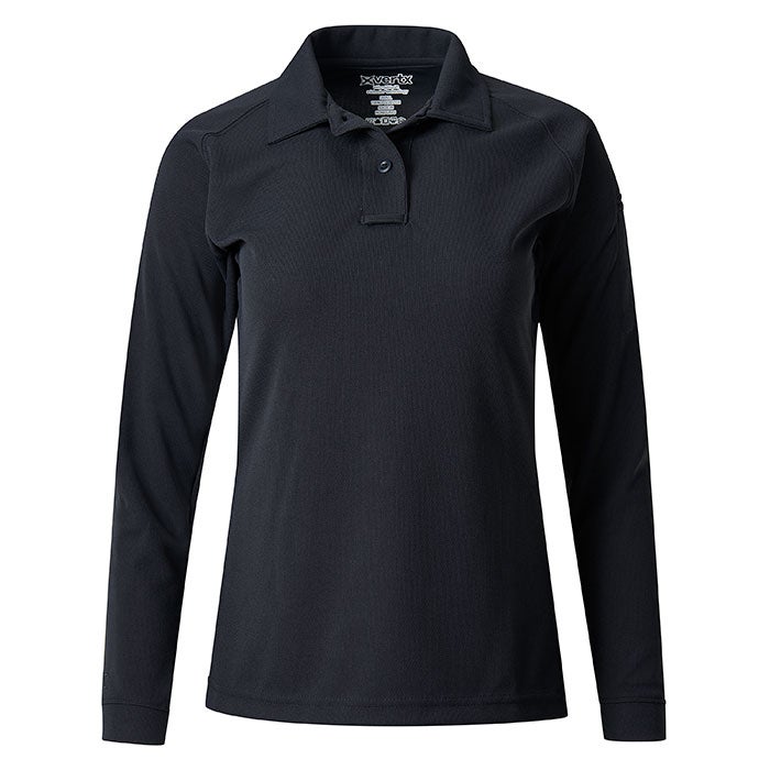 Product shot of a black women's long sleeve XVertix tactical polo shirt featuring a three button placket and a textured fabric