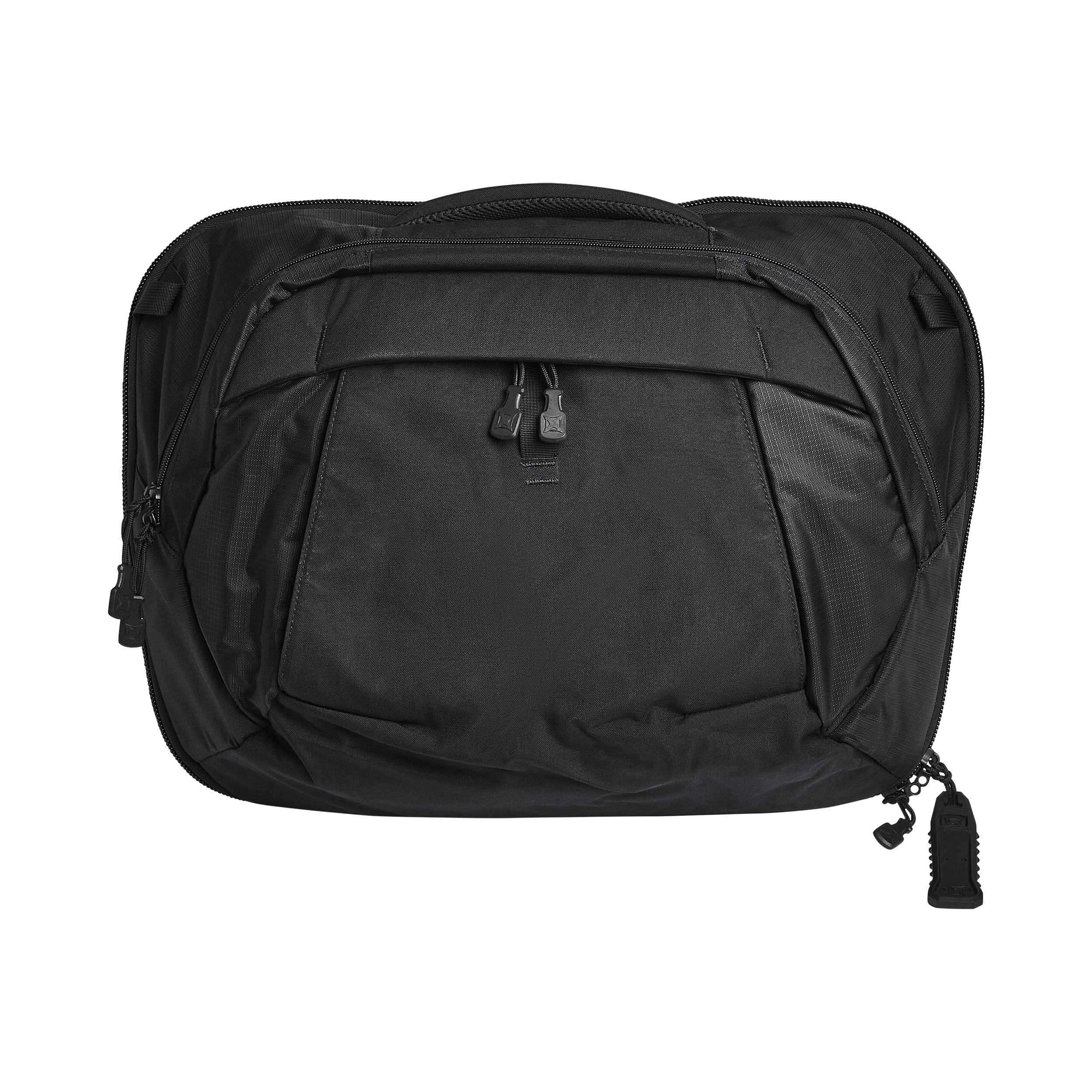 Product shot of a black Peak Design Travel Backpack with zippered compartments, padded top handle and textured fabric