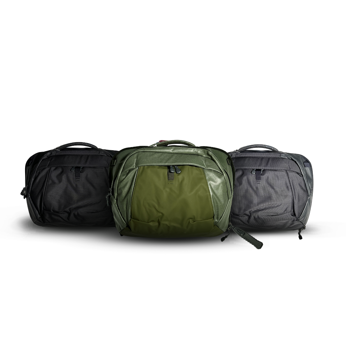 Product shot showing three carry-on travel bags in black olive and dark gray featuring zippered compartments and durable fabric against a white background