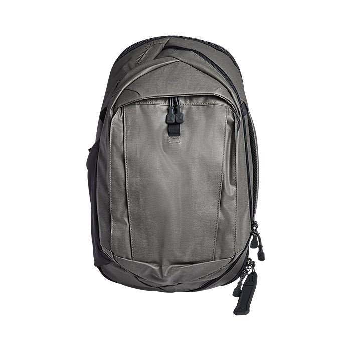 Product shot of a gray and black Packable Backpack featuring a main compartment and several zippered pockets with unique pull tabs against a white background