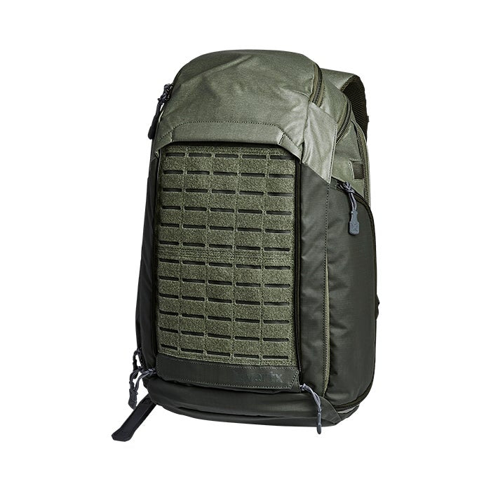 Product shot of a green 5.11 Tactical Rush24 backpack featuring a MOLLE panel, zippered compartments and gray accents