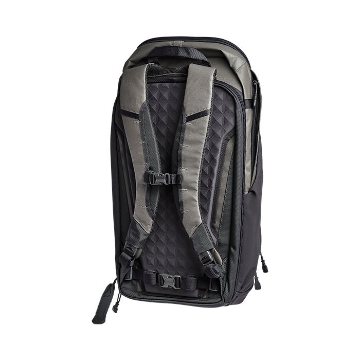 Product shot of a black and gray backpack featuring a quilted back panel adjustable straps and buckle closures