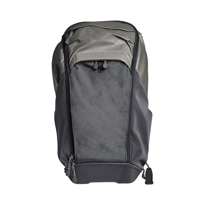 Product shot of a gray and black backpack featuring multiple zippered compartments and durable fabric construction