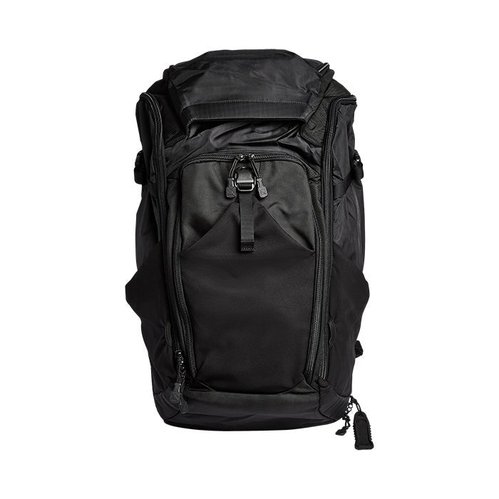 Product shot of a black Peak Design Travel Backpack showing its multiple zippered compartments and sleek design