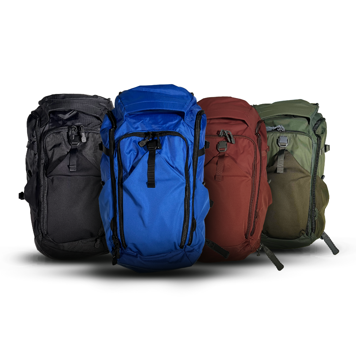 Product shot showing four travel backpacks in black blue burnt orange and olive green with multiple zippered compartments and adjustable straps against a white background