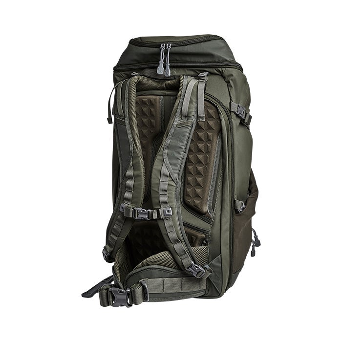 Product shot of a Mystery Ranch Terraframe 50 backpack showcasing its olive-green color diamond patterned back panel and adjustable waist belt
