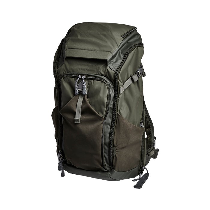 Product shot of a large olive green backpack featuring multiple zippered compartments and adjustable straps.