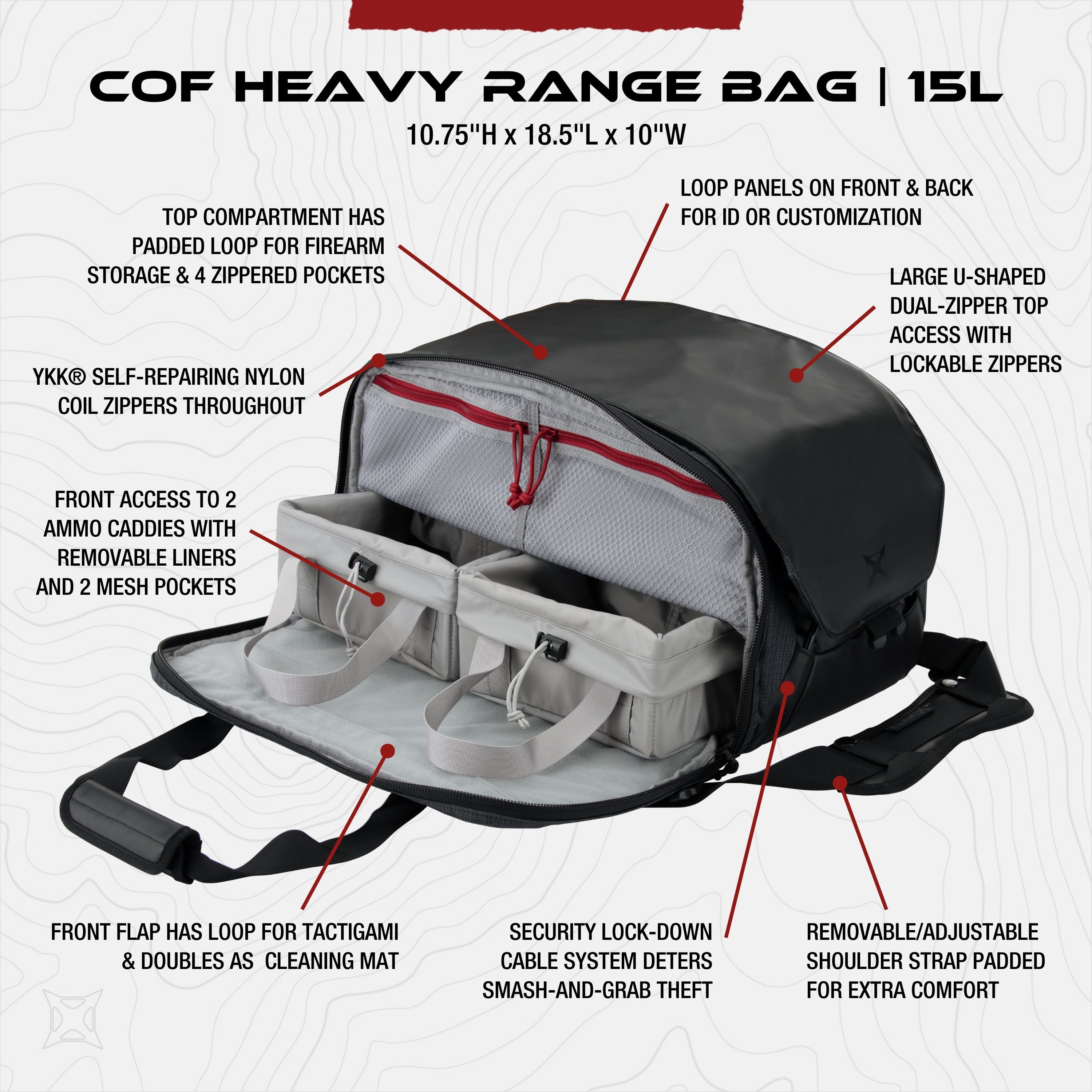 Product shot of COF Heavy Range Bag showcasing a black, 15L bag with gray interior ammo caddies, red zippers, and a padded shoulder strap.