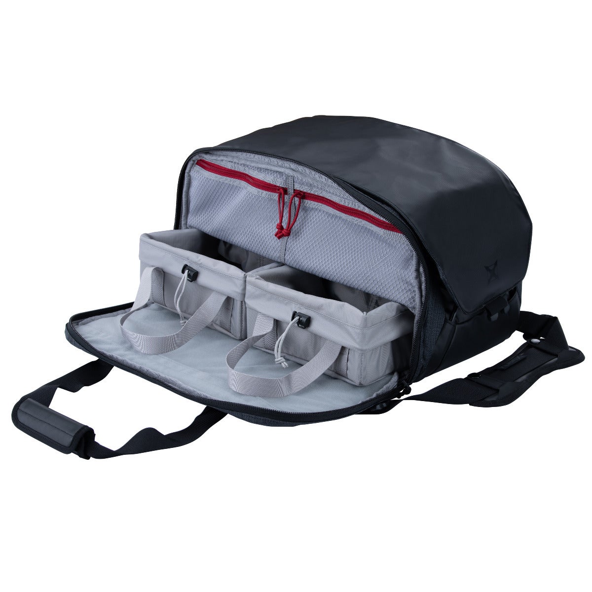 Product shot of a black Peak Design Everyday Sling V2 camera bag featuring two gray removable cubes red interior zipper pulls and a padded shoulder strap