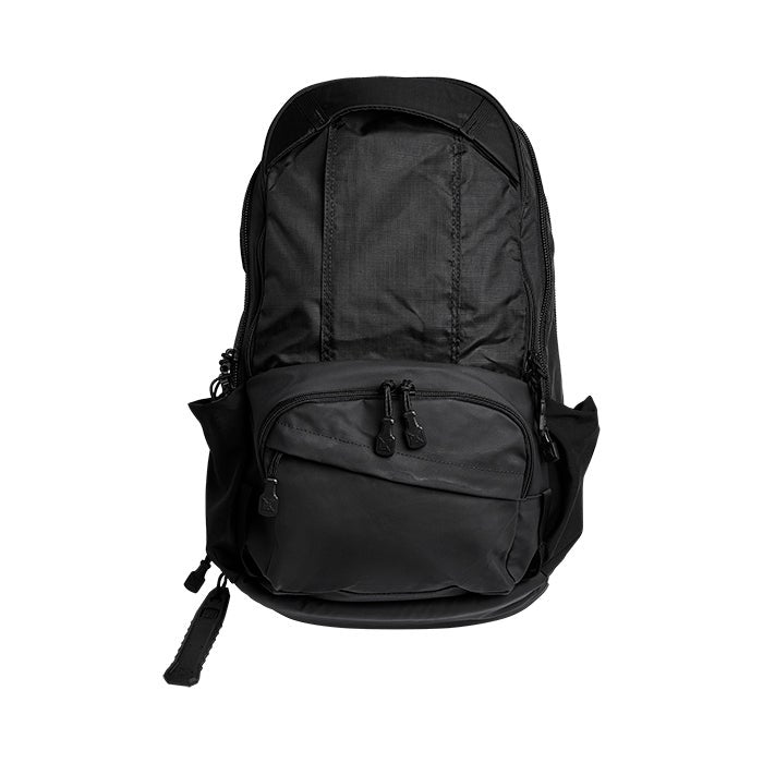 Product shot of a black nylon backpack featuring multiple zippered compartments and a sleek design