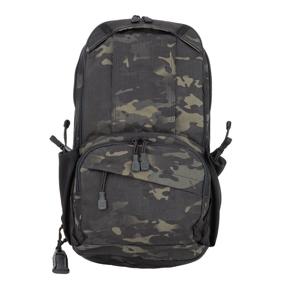 Product shot of a black and tan camouflage backpack featuring multiple zippered compartments and adjustable straps against a white background