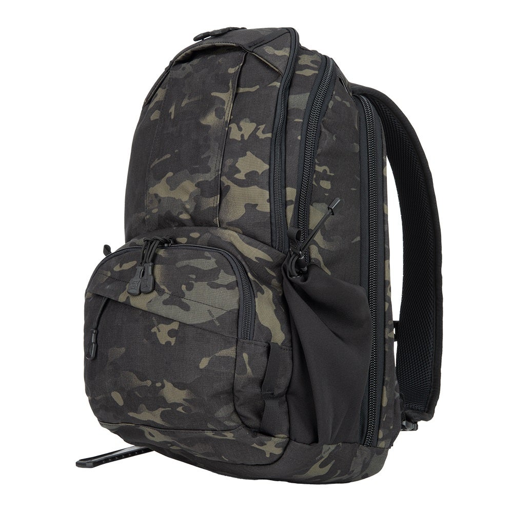 Product shot of a black and green camouflage backpack featuring multiple zippered compartments a side pouch and adjustable straps