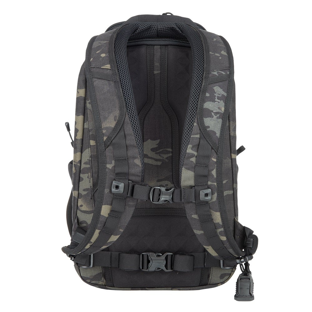 Product photo showing a black and tan camouflage backpack with adjustable straps, breathable mesh back panel, and multiple buckle closures