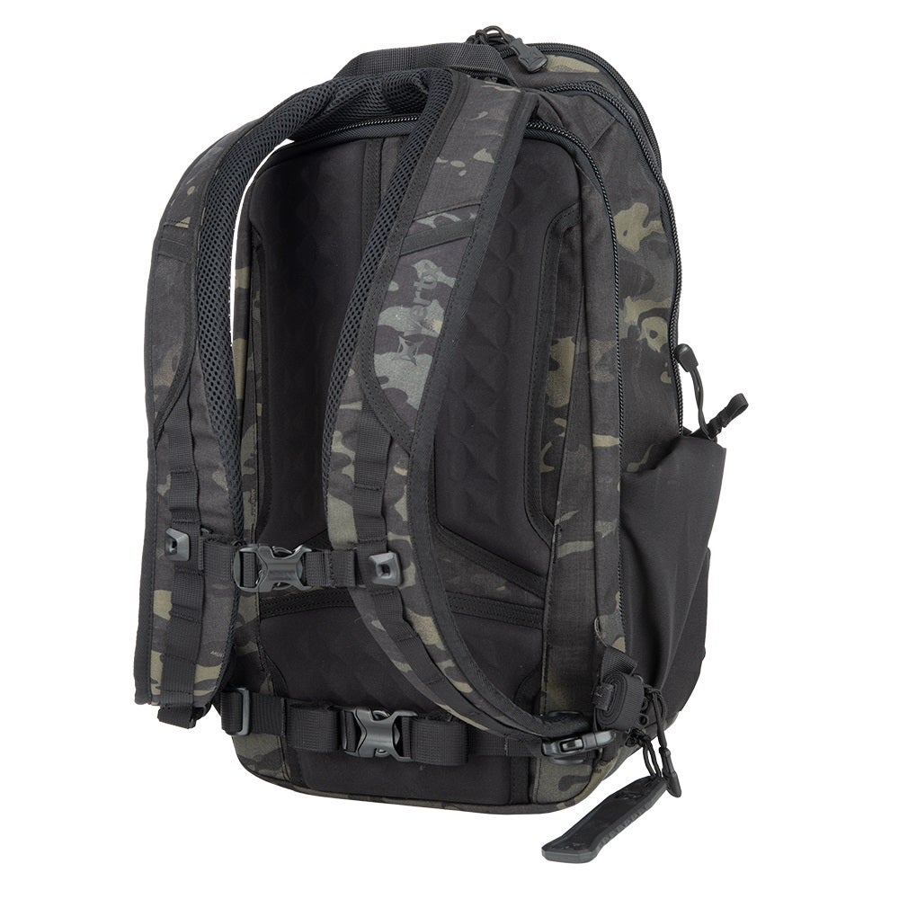 Product photography of a black and camo-patterned backpack featuring adjustable straps, breathable mesh back panel, and multiple compartments.