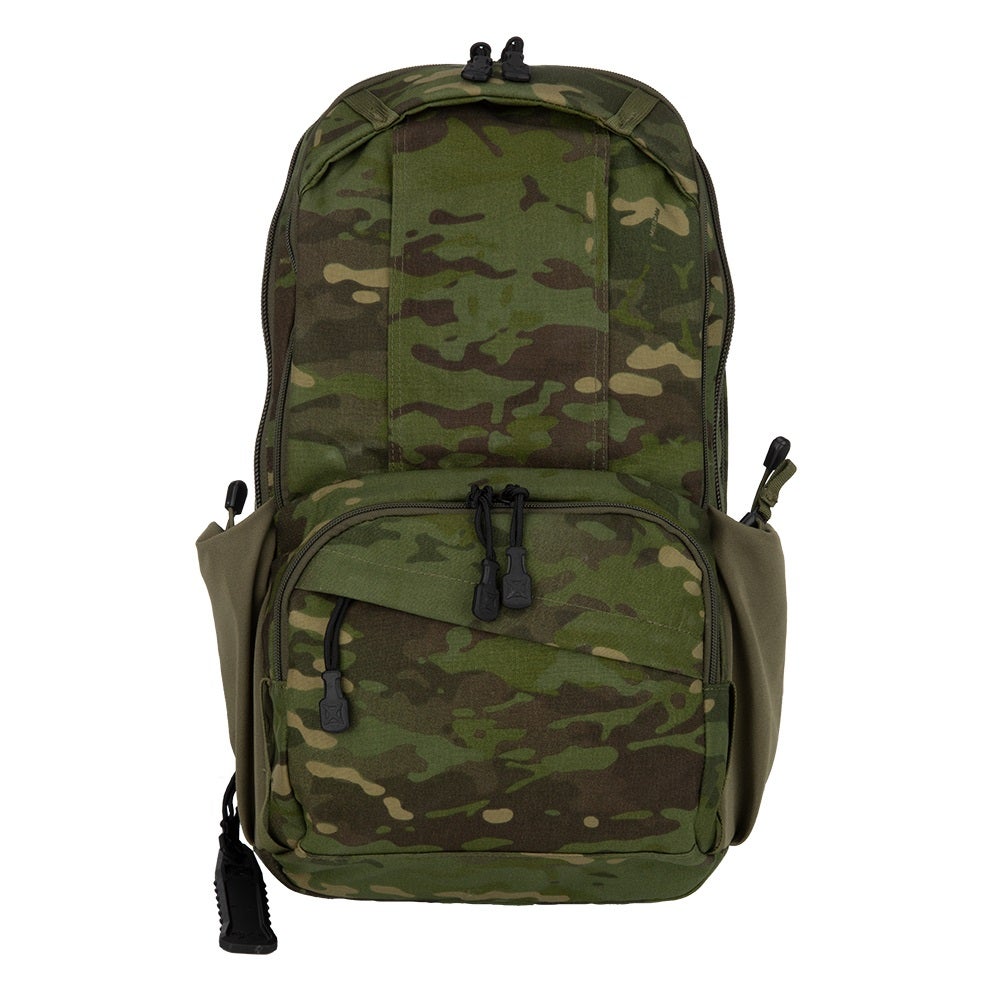 Product photo of a camouflage backpack featuring multiple zippered compartments and adjustable straps in shades of green and brown with black hardware
