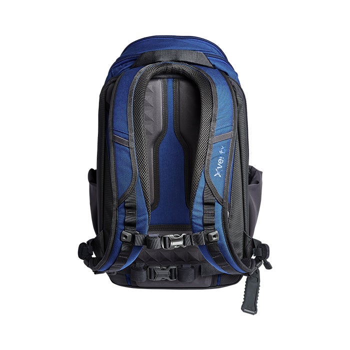 Product shot of a blue and gray Xxel Tx backpack featuring adjustable straps, breathable mesh backing, and a small, integrated lock.