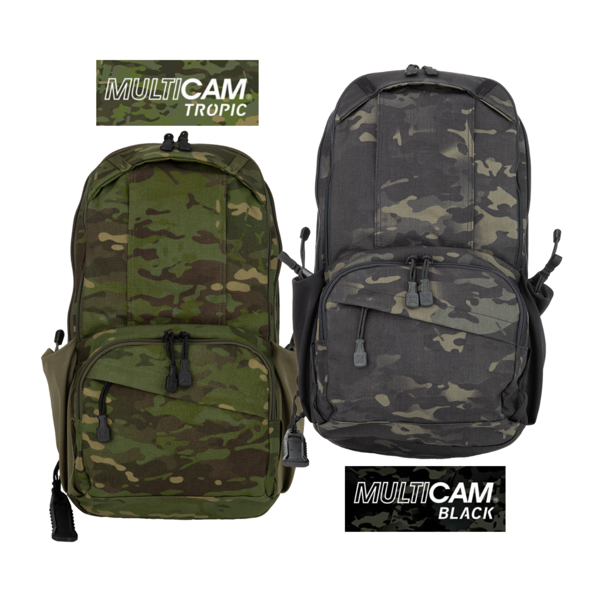 Product shot showing two Multicam backpacks one in tropic and one in black featuring adjustable straps and zippered compartments against a white background