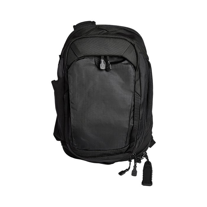 Product shot of a black tactical sling bag featuring multiple zippered compartments and durable fabric with adjustable straps and a textured bottom panel