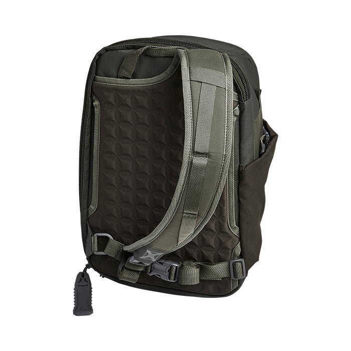 Product shot of a Peak Design Everyday Backpack in olive green featuring a geometrically patterned back panel adjustable straps and a small side pocket