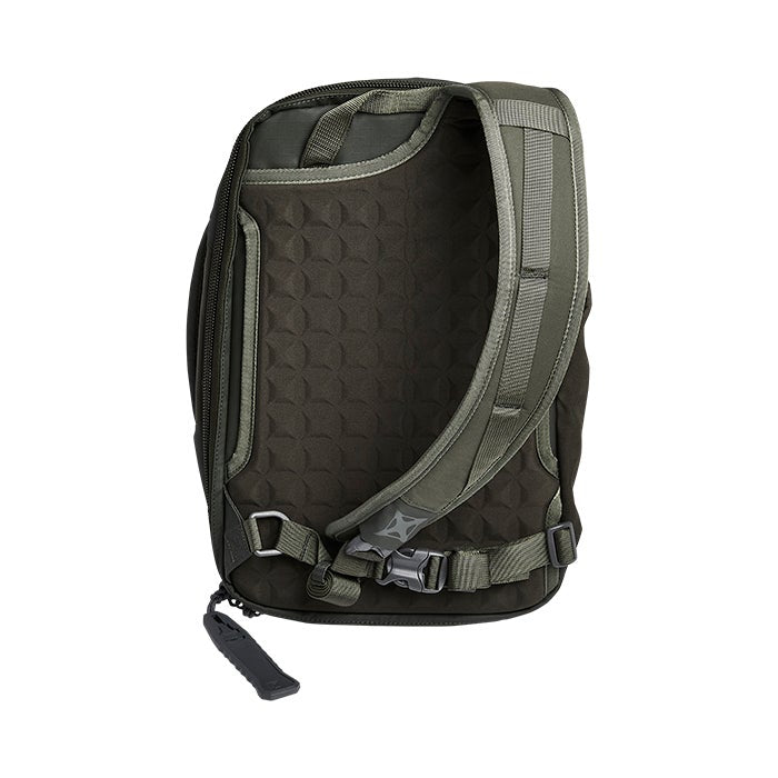 Product photography of a dark olive green Peak Design Everyday Backpack displaying its back panel featuring a unique geometric textured pattern adjustable straps and a sternum strap