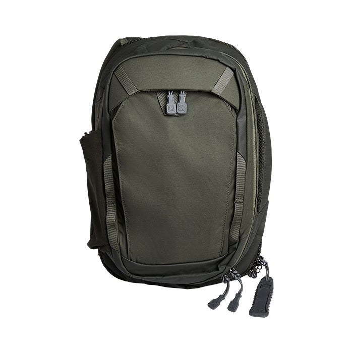 Product shot of a dark olive green Peak Design Travel Backpack featuring multiple zippered compartments and gray pull tabs against a white background