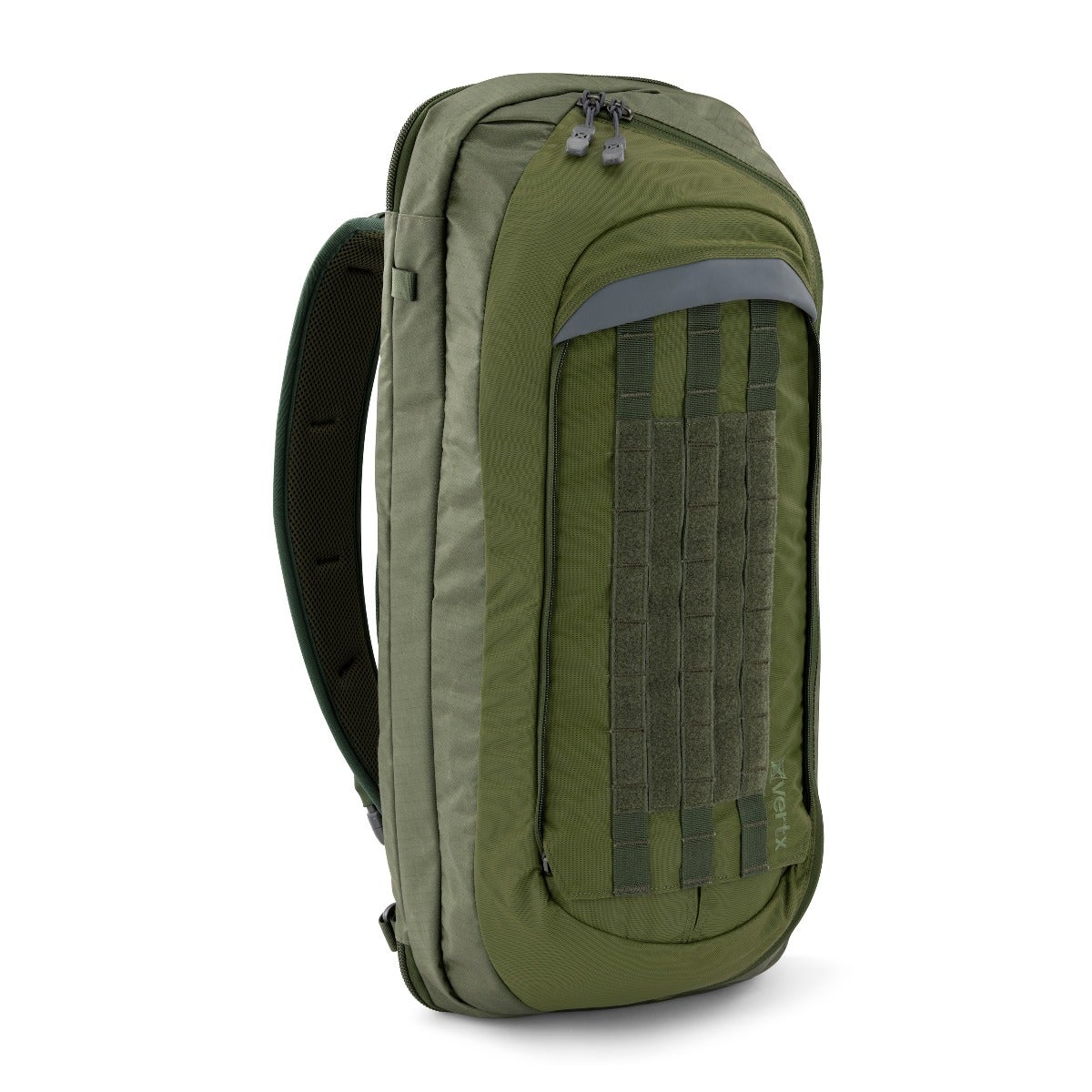 Product shot of a green Vertx backpack featuring a padded shoulder strap molle webbing and zippered compartments
