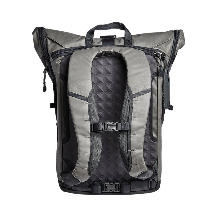 Product shot of a gray and black backpack featuring a geometric patterned back panel adjustable straps and a side zippered pocket