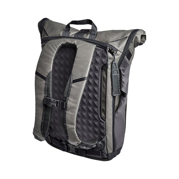 Product shot of a gray and black Peak Design backpack featuring a geometric patterned back panel adjustable straps and a zippered side pocket