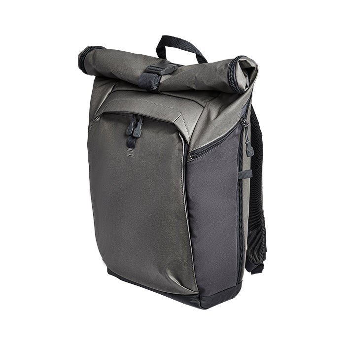 Product shot of a gray and black roll-top backpack featuring a unique buckle closure system two zippered pockets and adjustable straps