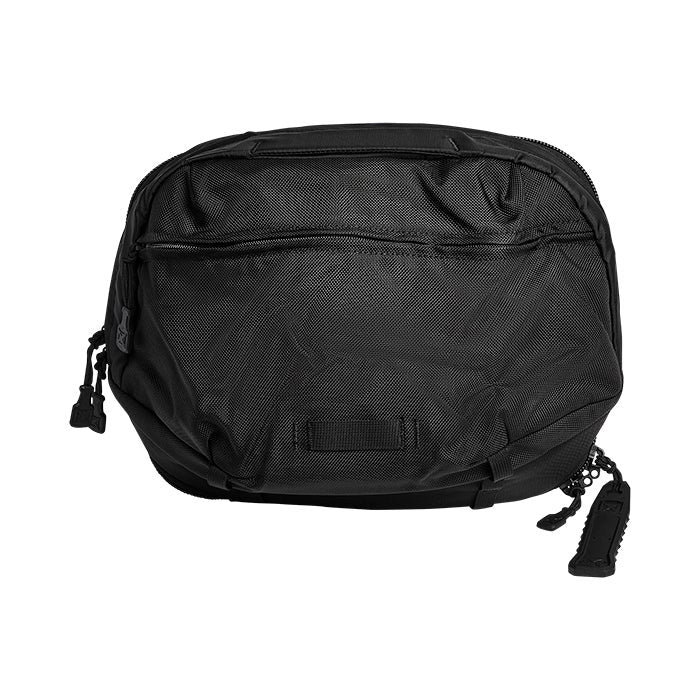 Product shot of a black sling bag featuring zippered compartments and textured nylon fabric with a subtle branded patch