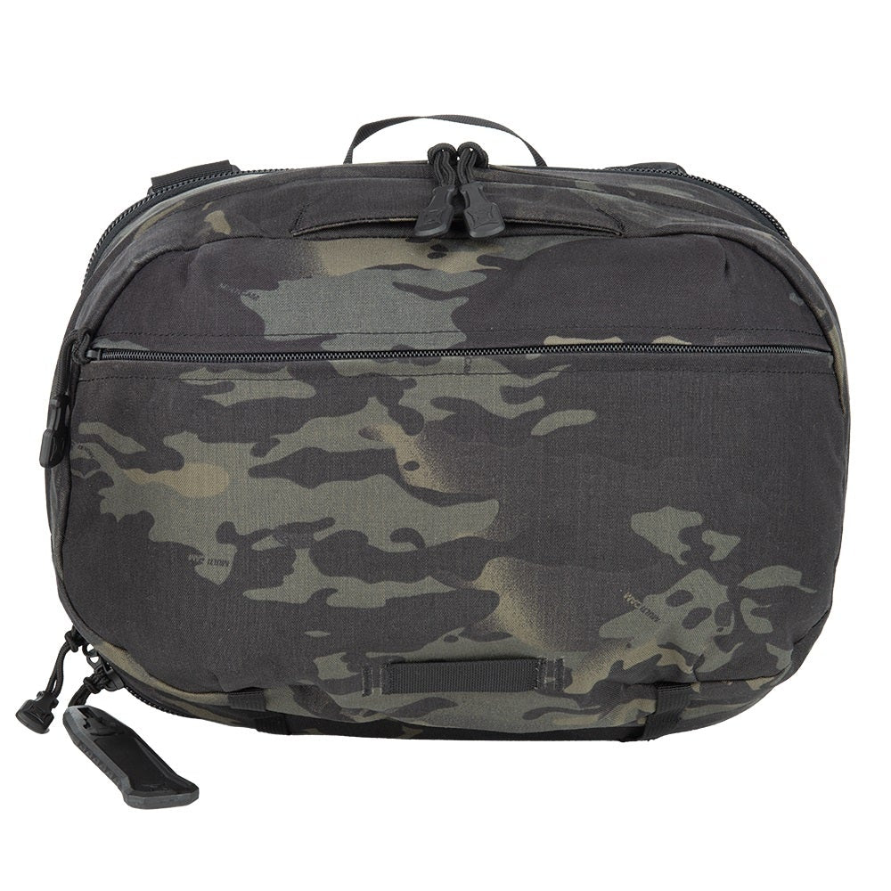 Product shot of a black and green camouflage sling bag with zipper pulls, a black nylon strap, and subtle branding details