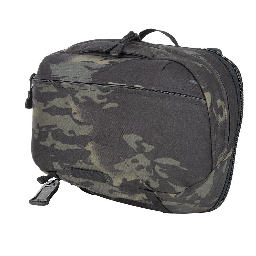 Product shot of a black and green camouflage-patterned backpack with multiple zippered compartments and a durable fabric construction