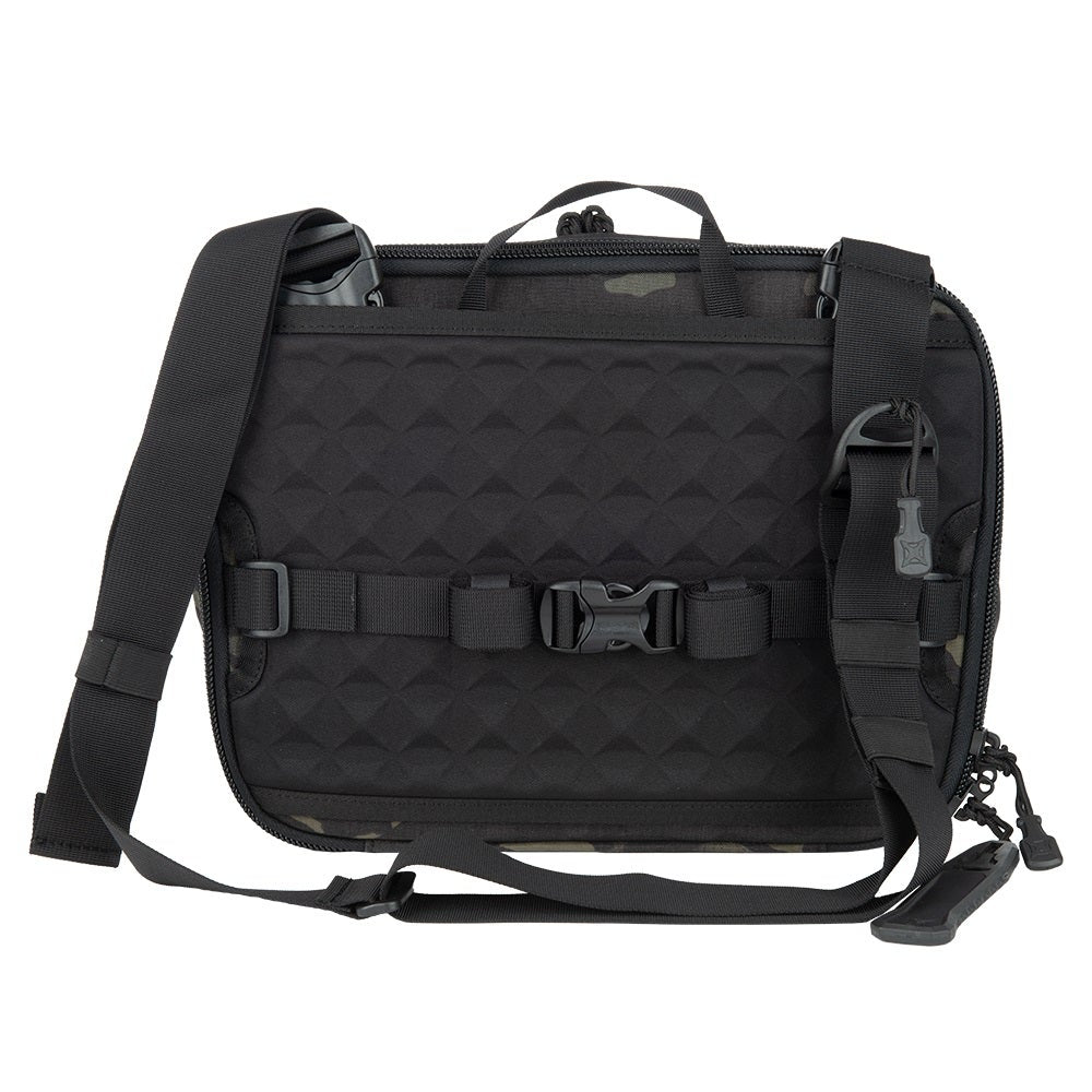 Product shot of a black Hill People Gear Kit Bag with a textured diamond pattern adjustable straps and multiple attachment points
