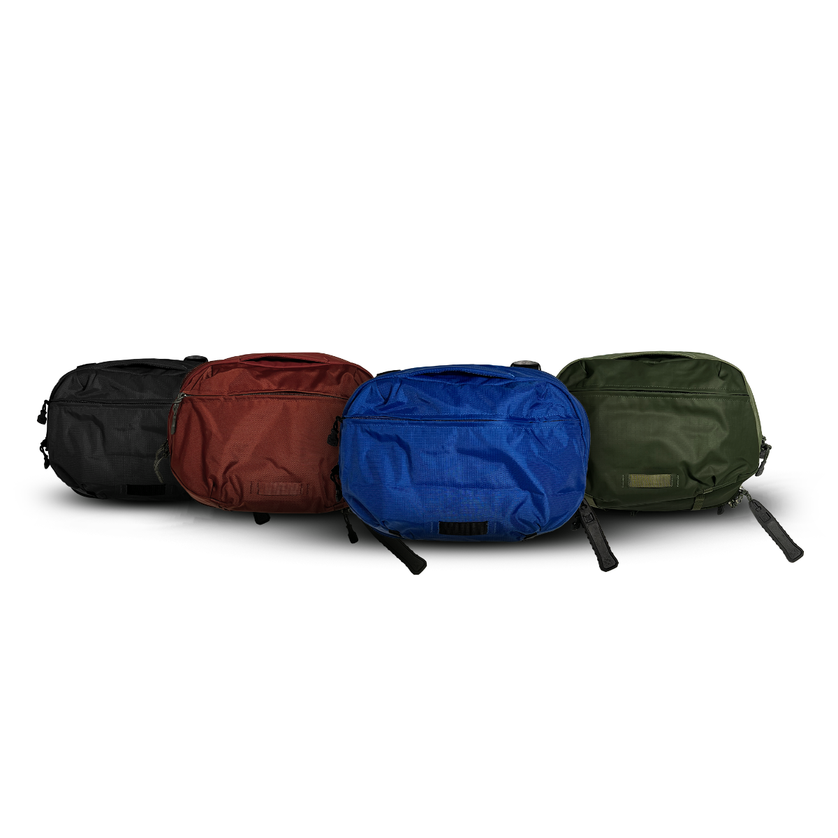 Product shot showing four stylish travel backpacks in black, burgundy, royal blue, and olive green against a white background