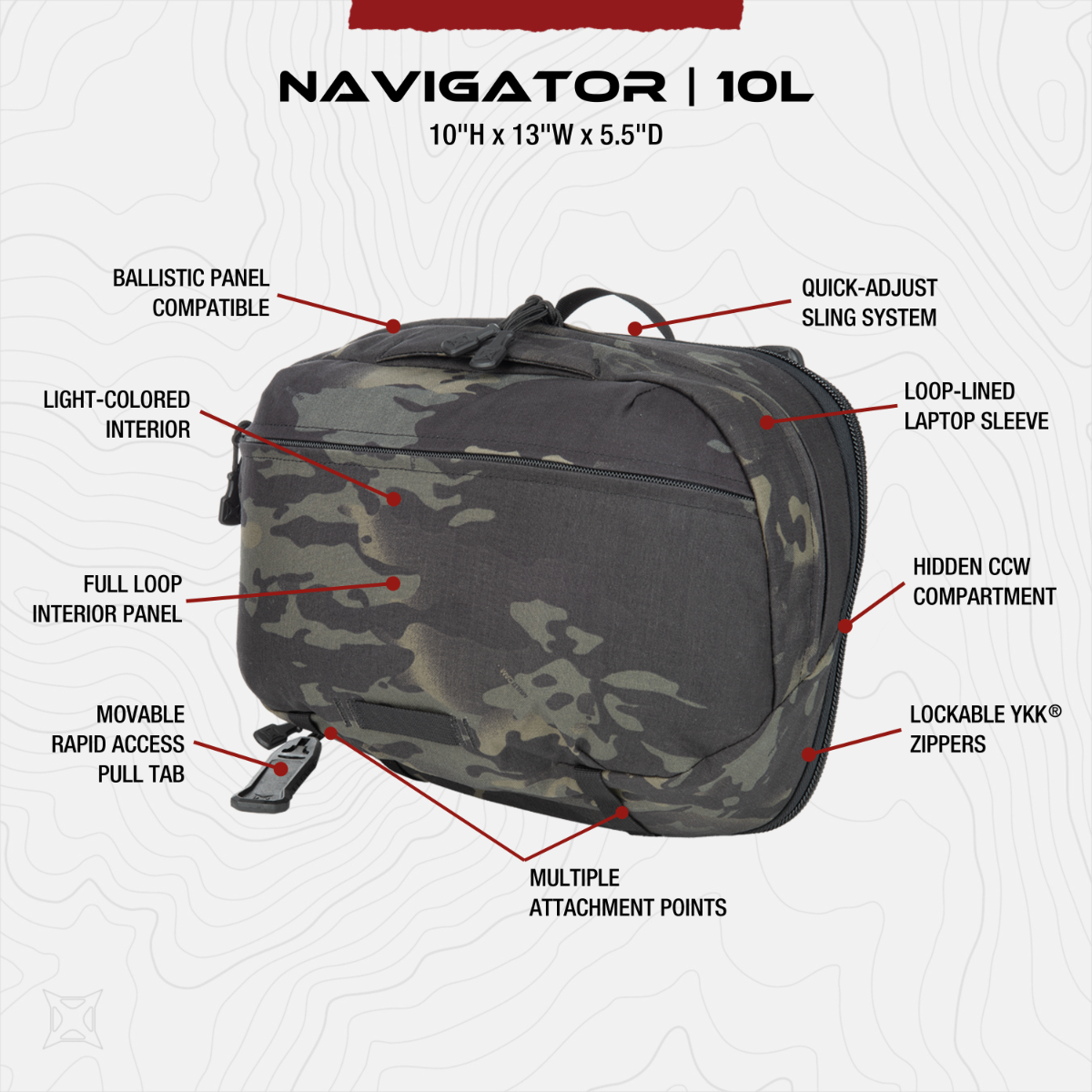 Product shot of the Navigator 10L bag featuring a multicam pattern, lockable YKK zippers, and a hidden CCW compartment