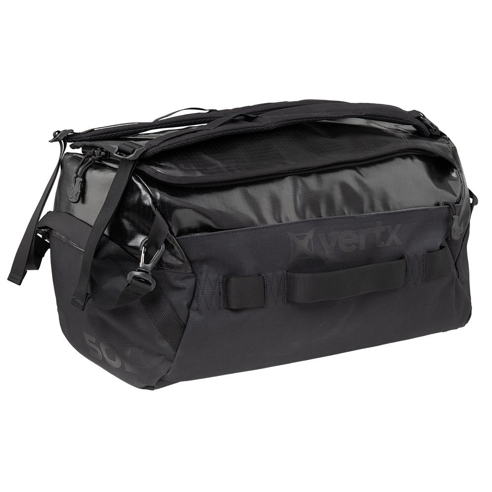 Product shot of a black Vertex 50L duffel bag featuring a top carry handle, side compression straps and a textured waterproof main compartment