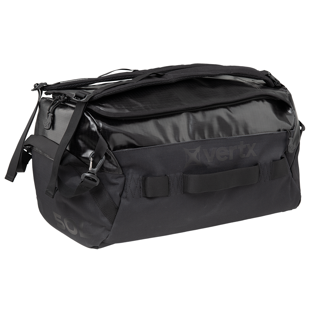 Product shot of a black Vertex 50L duffel bag featuring a waterproof, textured main compartment, reinforced carrying handles, and a small, light blue accent at the top