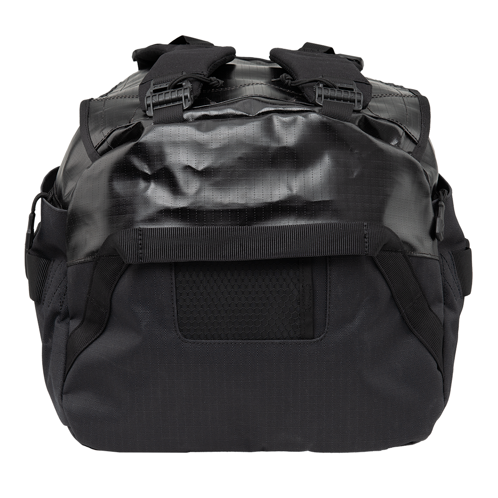 Product shot of a black duffel bag featuring padded shoulder straps a zippered mesh pocket and durable water-resistant fabric